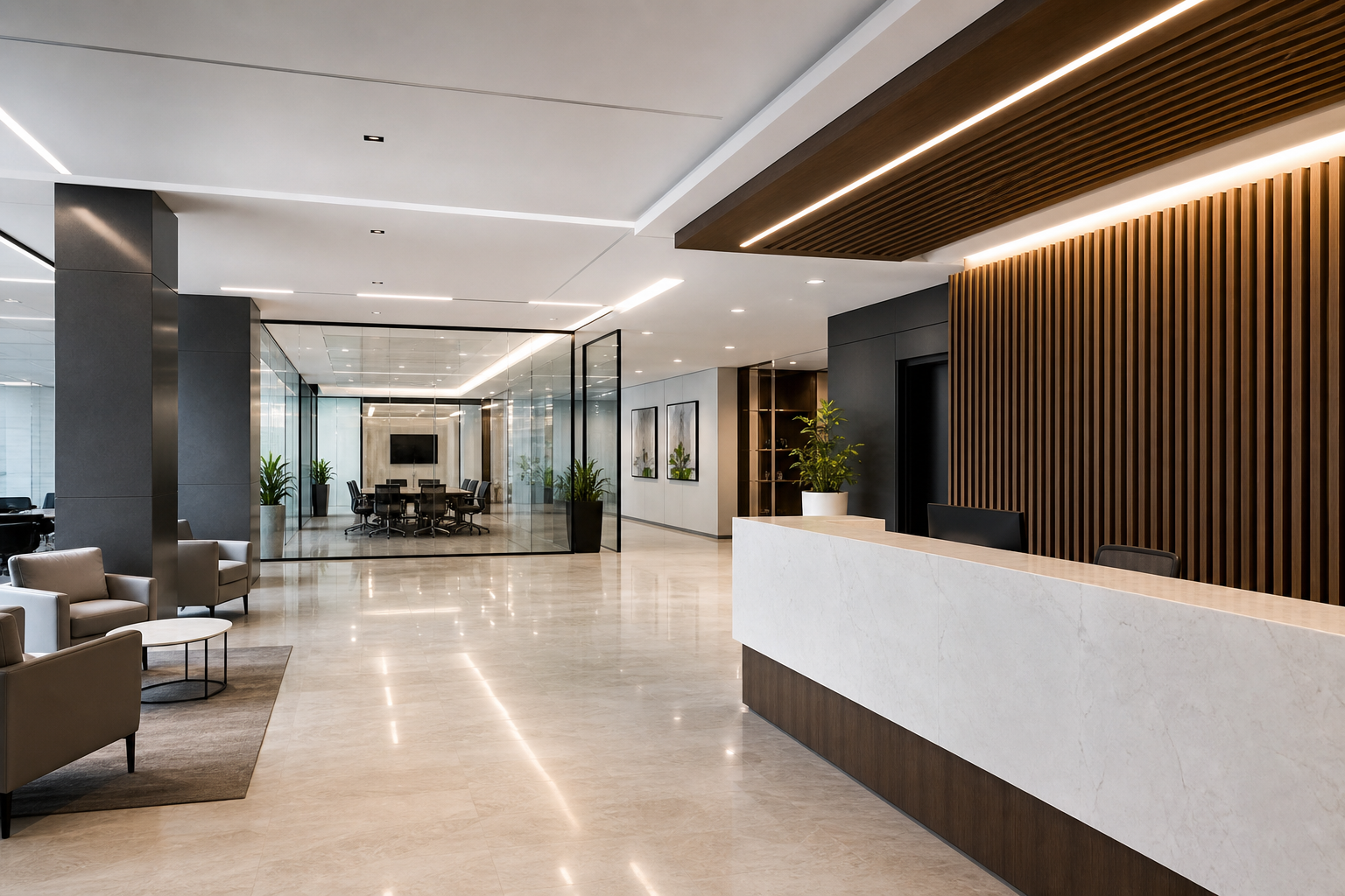 Lobby institucional renovado con iluminación lineal, mármol claro y carpintería técnica