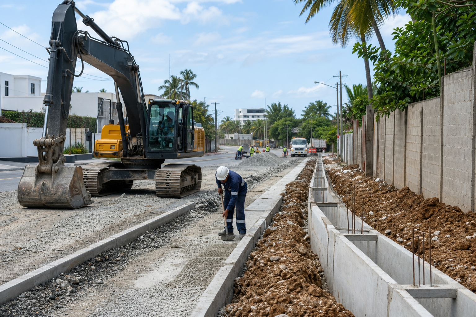 Frente vial con maquinaria pesada instalando drenaje y estabilización de plataforma