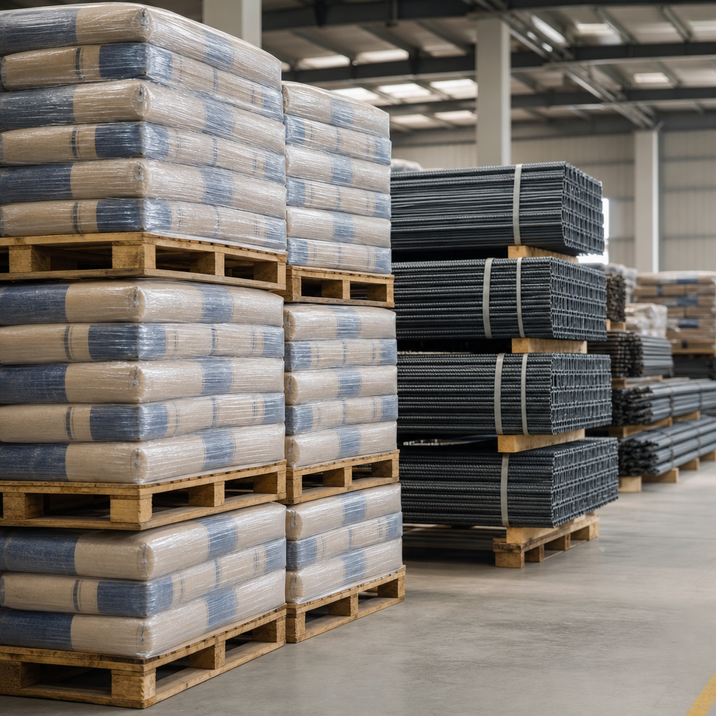 Stacked wooden pallets with wrapped cement and steel bundles in a clean warehouse