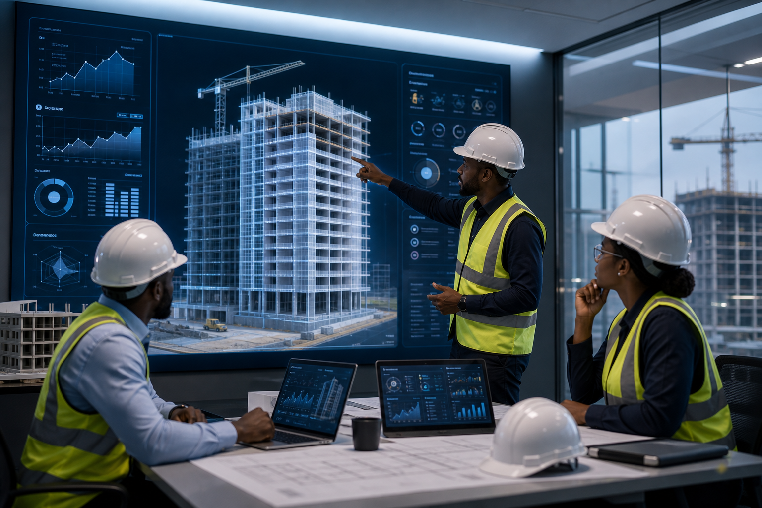 BoldMax engineers reviewing a digital construction model with analytics dashboards and high-rise plans in a modern control room