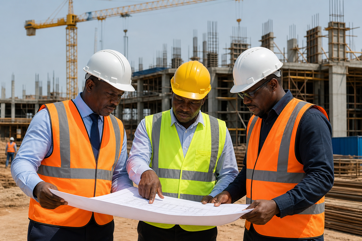 Senior construction engineers in reflective vests reviewing building plans on an active project site in Nigeria