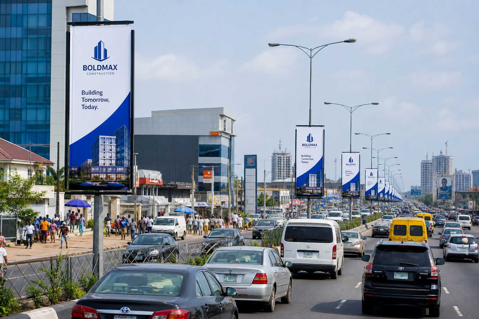 Busy Lagos traffic corridor with prominent roadside pole advertisements visible to dense vehicle flow and pedestrians during bright daytime