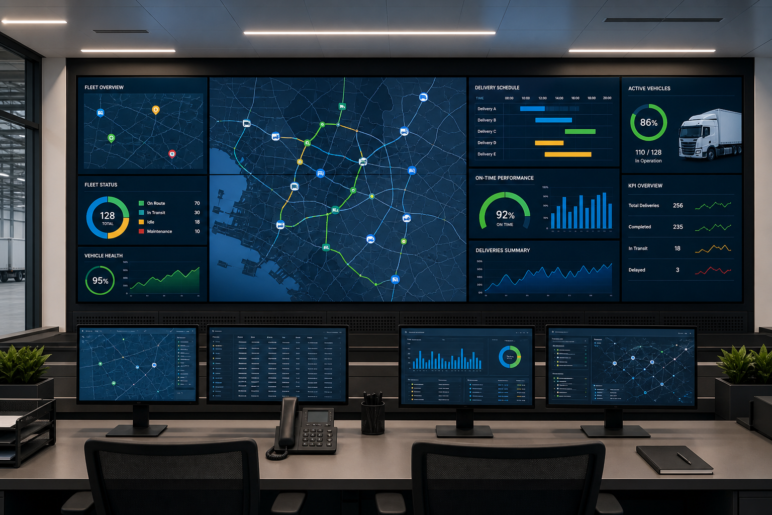 Modern logistics control room dashboard showing transport schedules, route maps, and performance analytics
