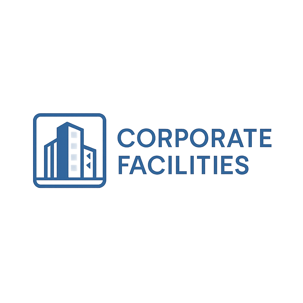 Corporate facilities logo in steel blue and soft gray