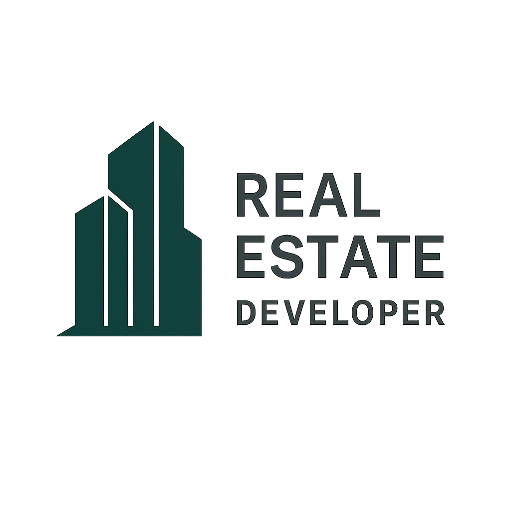 Modern real estate developer logo in deep green and silver