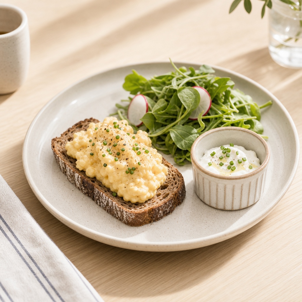 Nordic-style breakfast plate with rye toast, eggs, and fresh greens