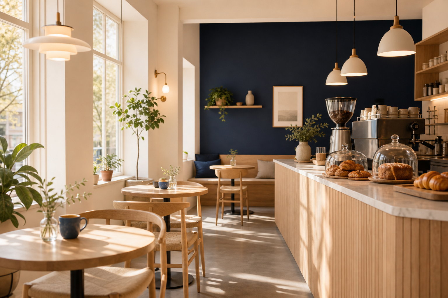 Sunlit Scandinavian cafe interior with light wood tables, navy accents, and warm pendant lighting