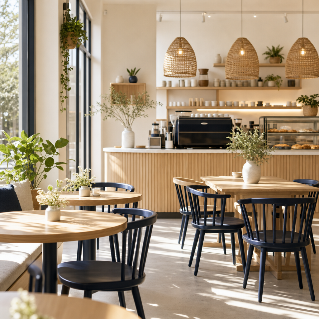 Cozy cafe interior with light wood tables, navy chairs, and soft morning light