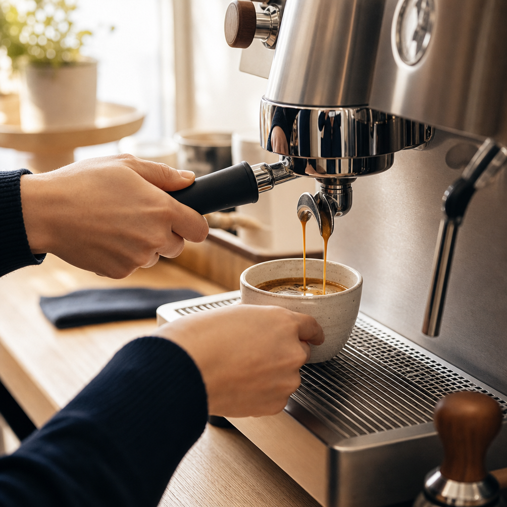 Barista hands pulling a rich espresso shot from a sleek machine