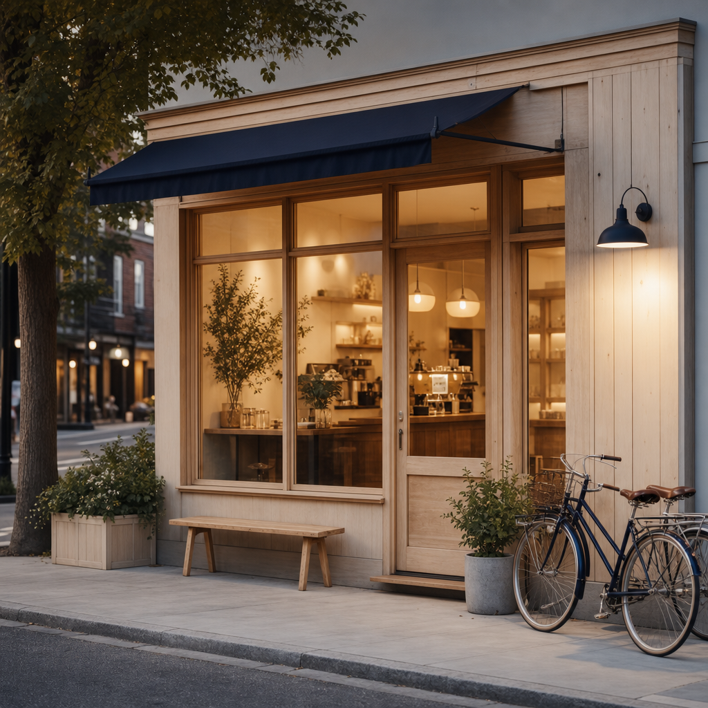 Evening view of the cafe storefront with warm lights and nearby bicycles