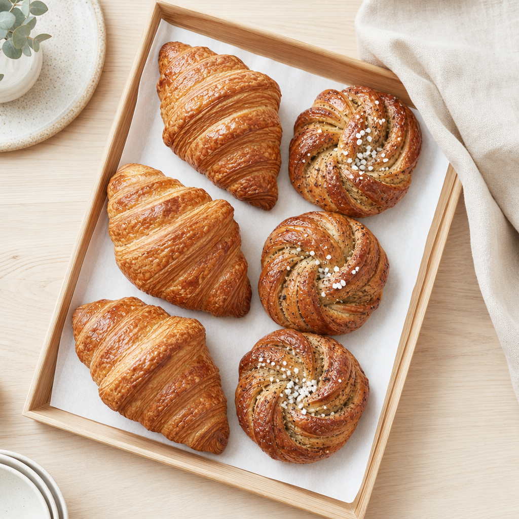 Tray of flaky croissants and cardamom buns on a light wood counter