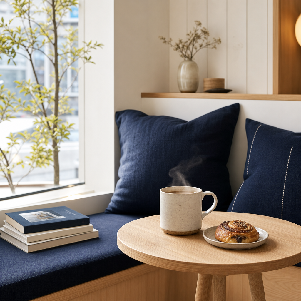 Window seating nook with navy cushions, books, and a steaming mug