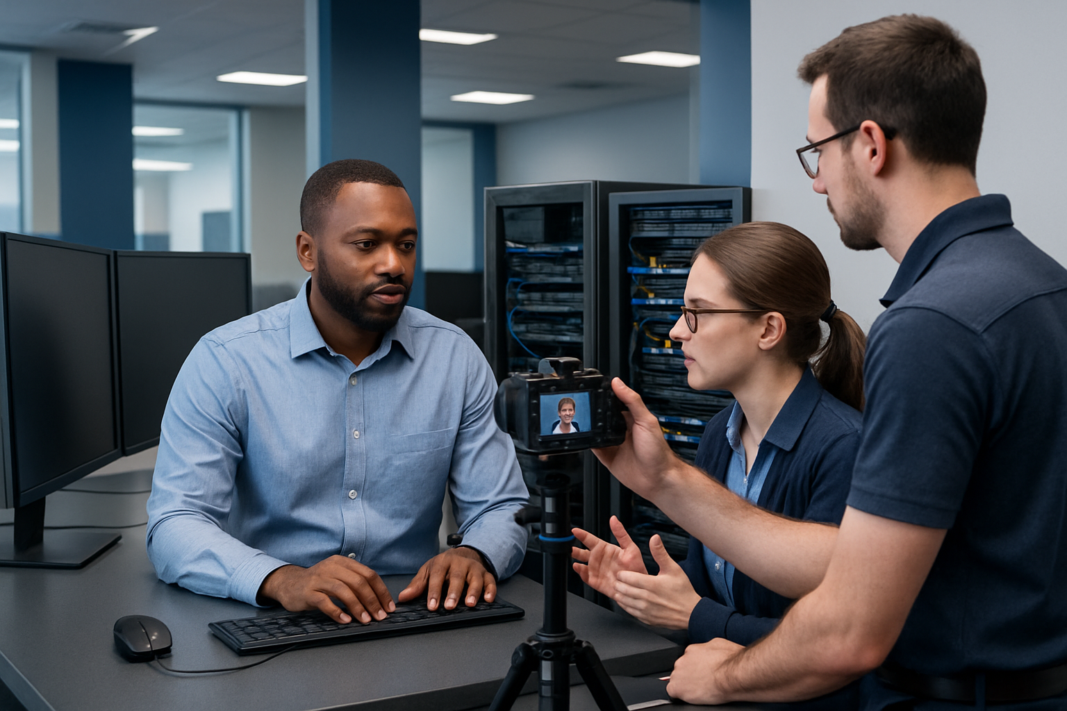 Modern IT support team filming a tutorial at a sleek workstation with monitors and network equipment