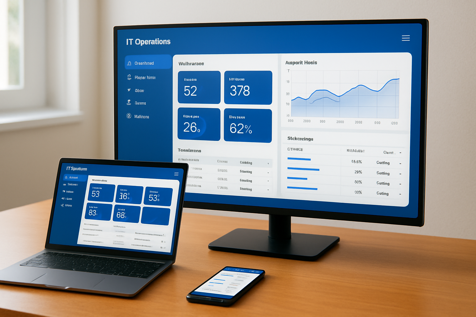 Modern IT operations dashboard on a large monitor with a laptop and smartphone on a desert tan desk