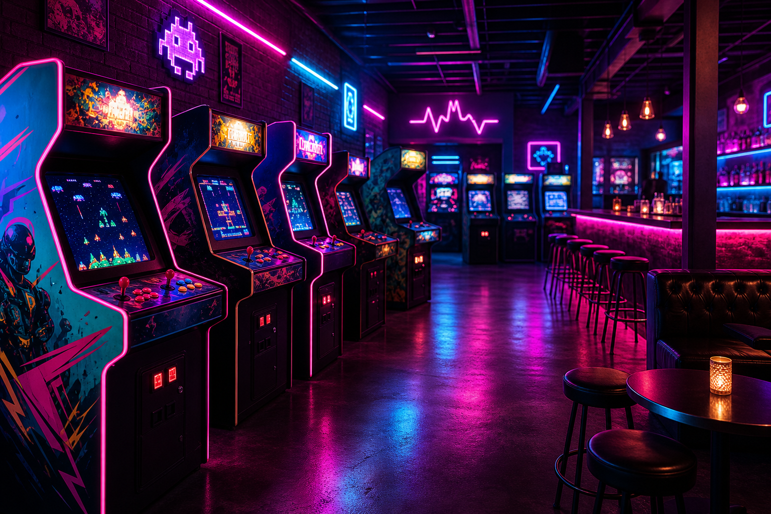 Interior of a retro arcade bar with glowing cabinets, neon lights, and a lively lounge area