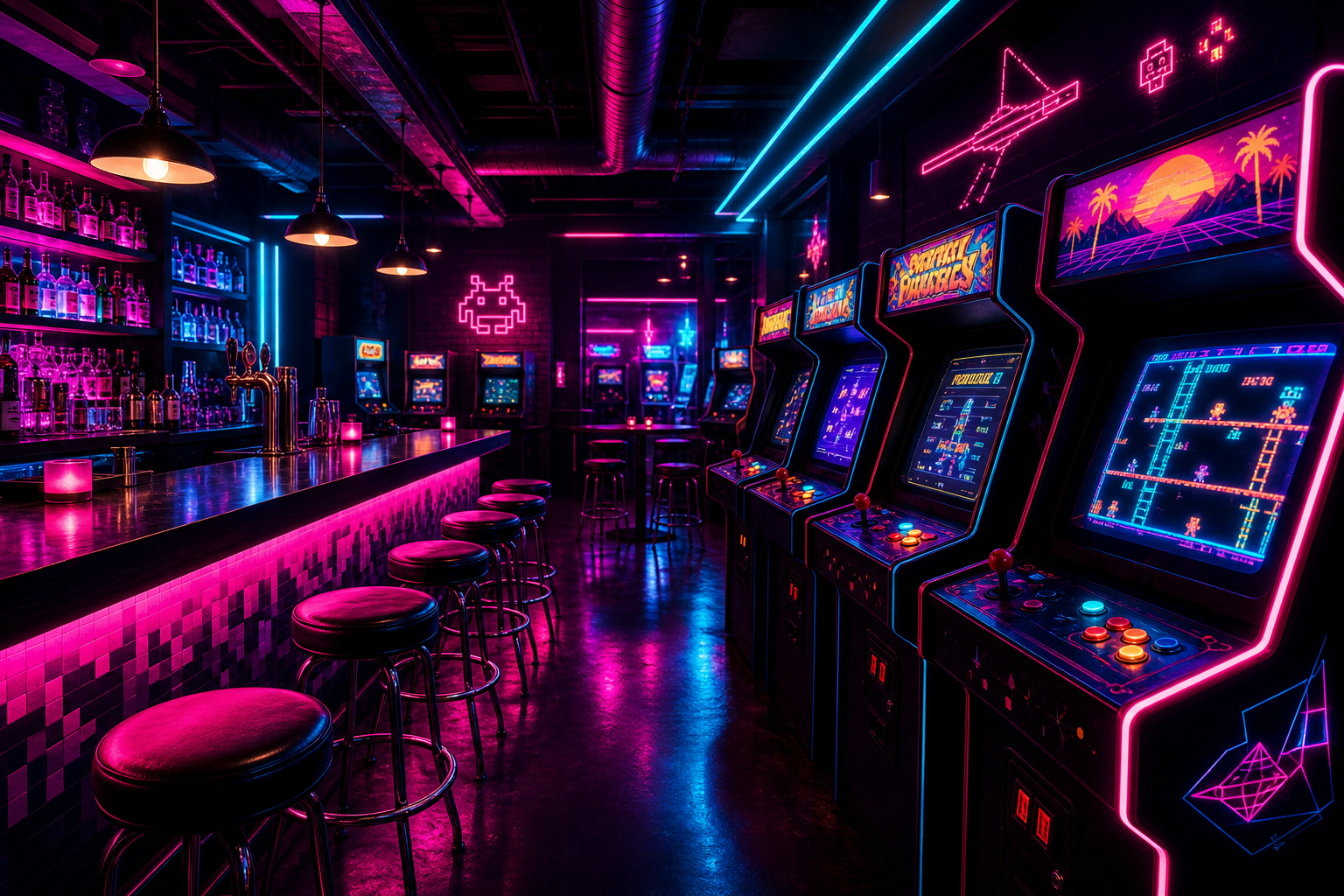 Dark retro arcade bar interior with glowing neon magenta and cyan lights, arcade cabinets, and a modern bar counter