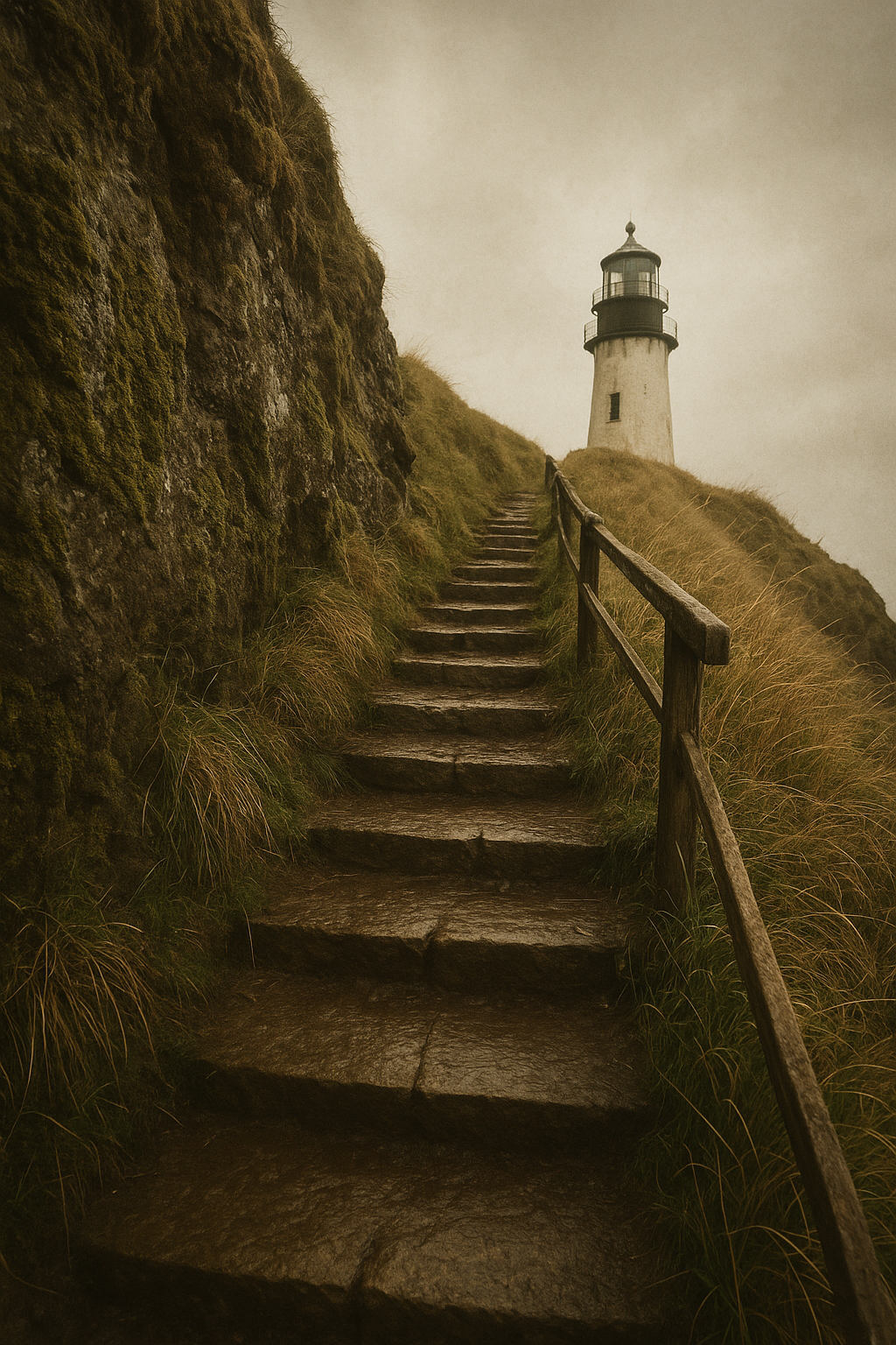 Steep stone stairs descending beside a mossy cliff to the beacon path