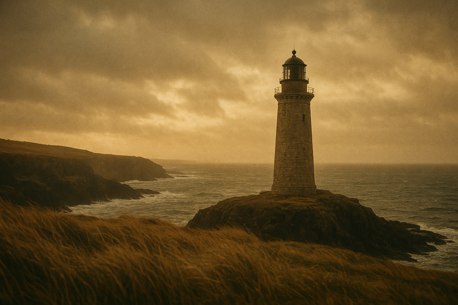 Solitary stone lighthouse on a windswept northern coastline at warm overcast golden light, with soft sea mist, textured cliffs, and subtle film-grain documentary atmosphere