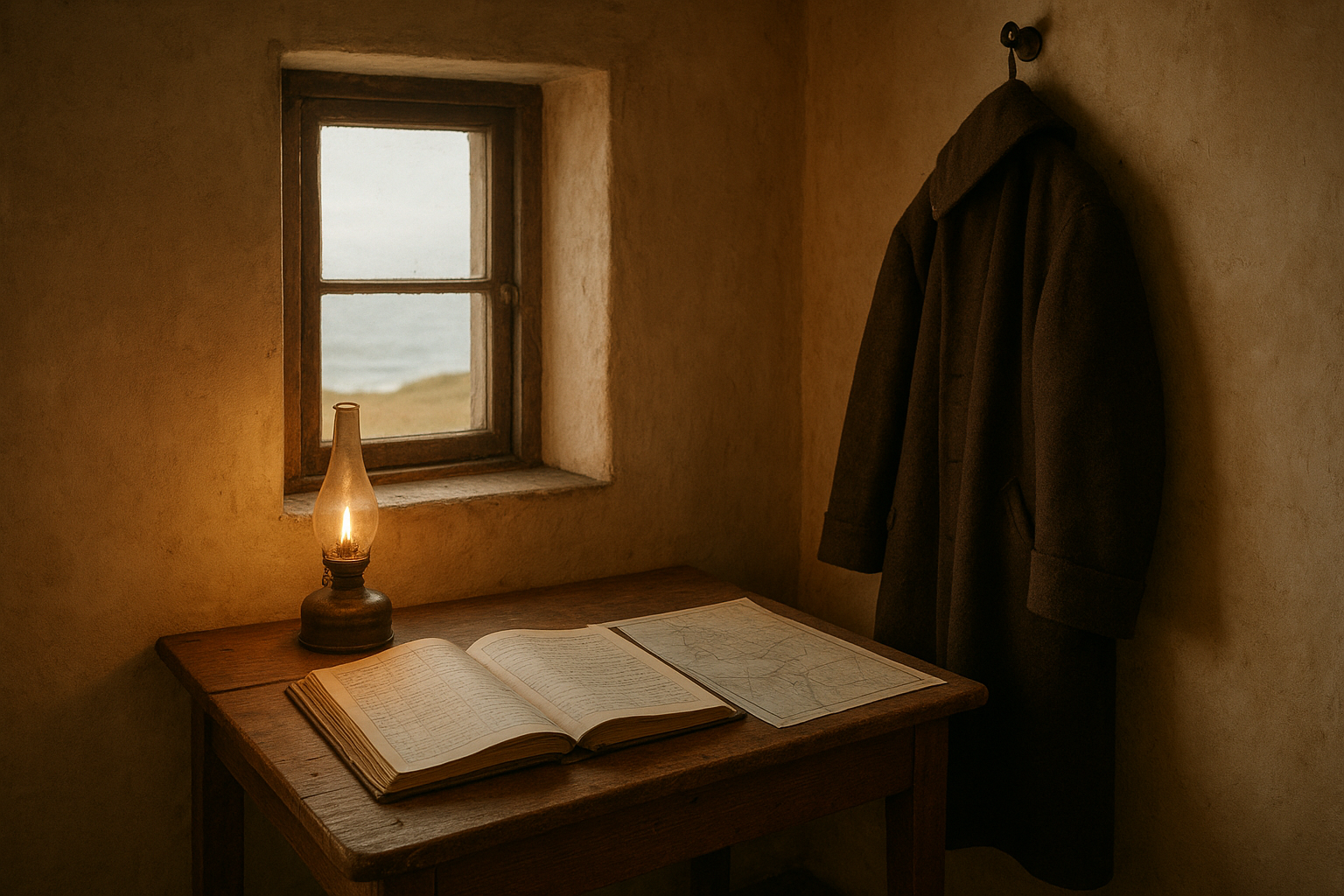 Lighthouse keeper quarters with logbook table, oil lamp, and wool coat