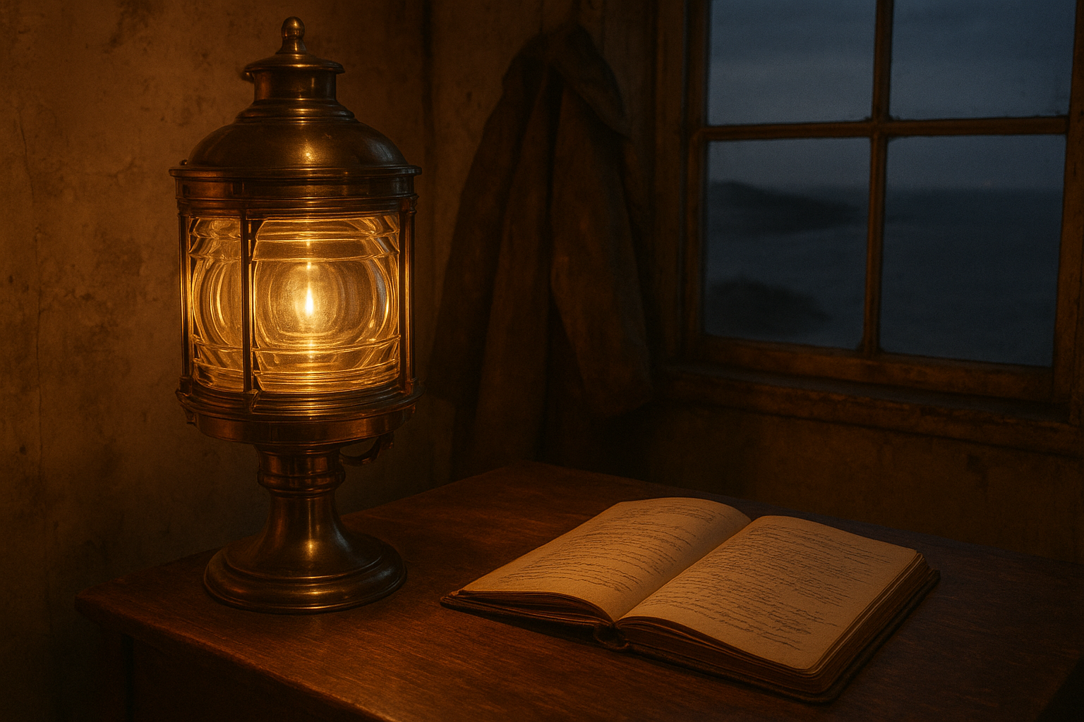Warm documentary view of a lighthouse keeper's lamp room with brass lantern parts, a weathered logbook, and a sea-facing window at dusk