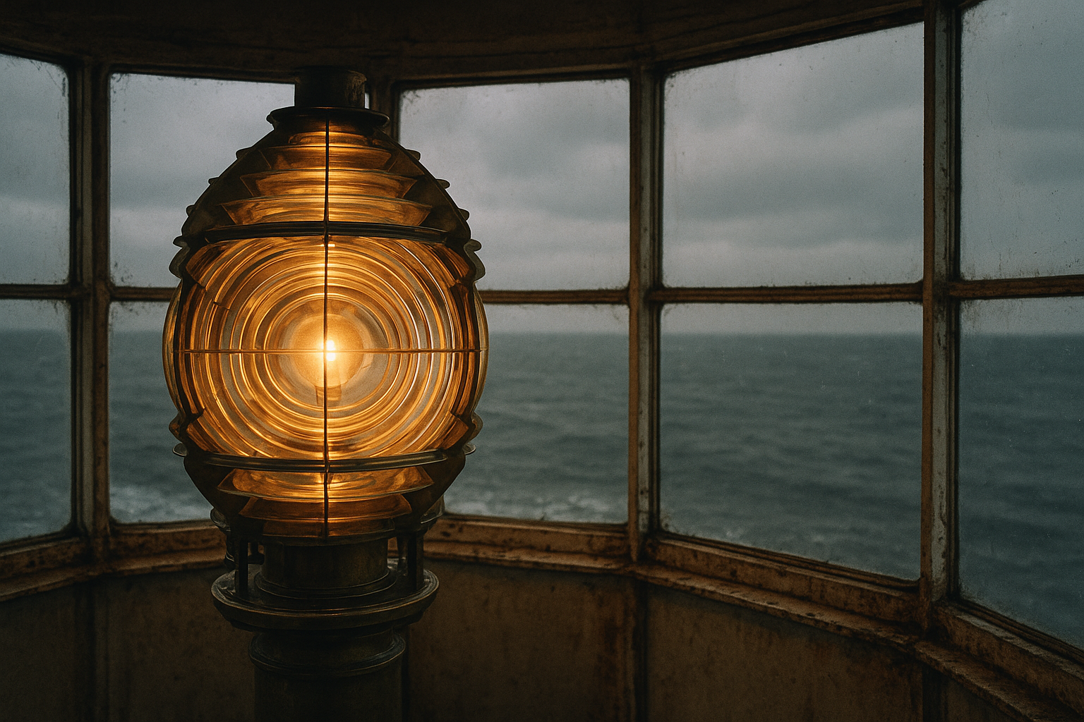 Warm documentary view of a lighthouse lantern room with brass lenses, salt-weathered glass, and a stormy northern coast visible beyond