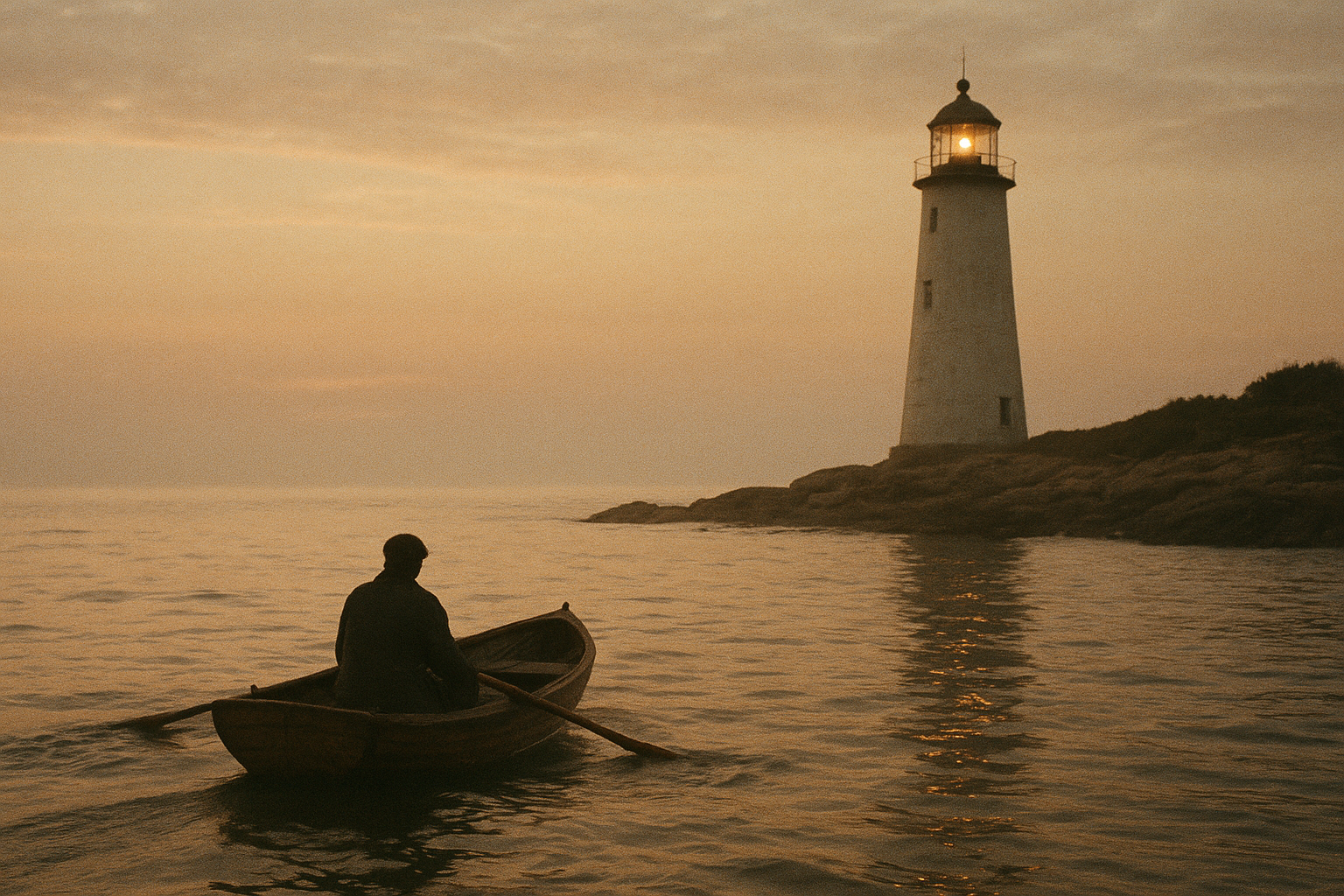 Small timber boat approaching a lighthouse shoreline at first light