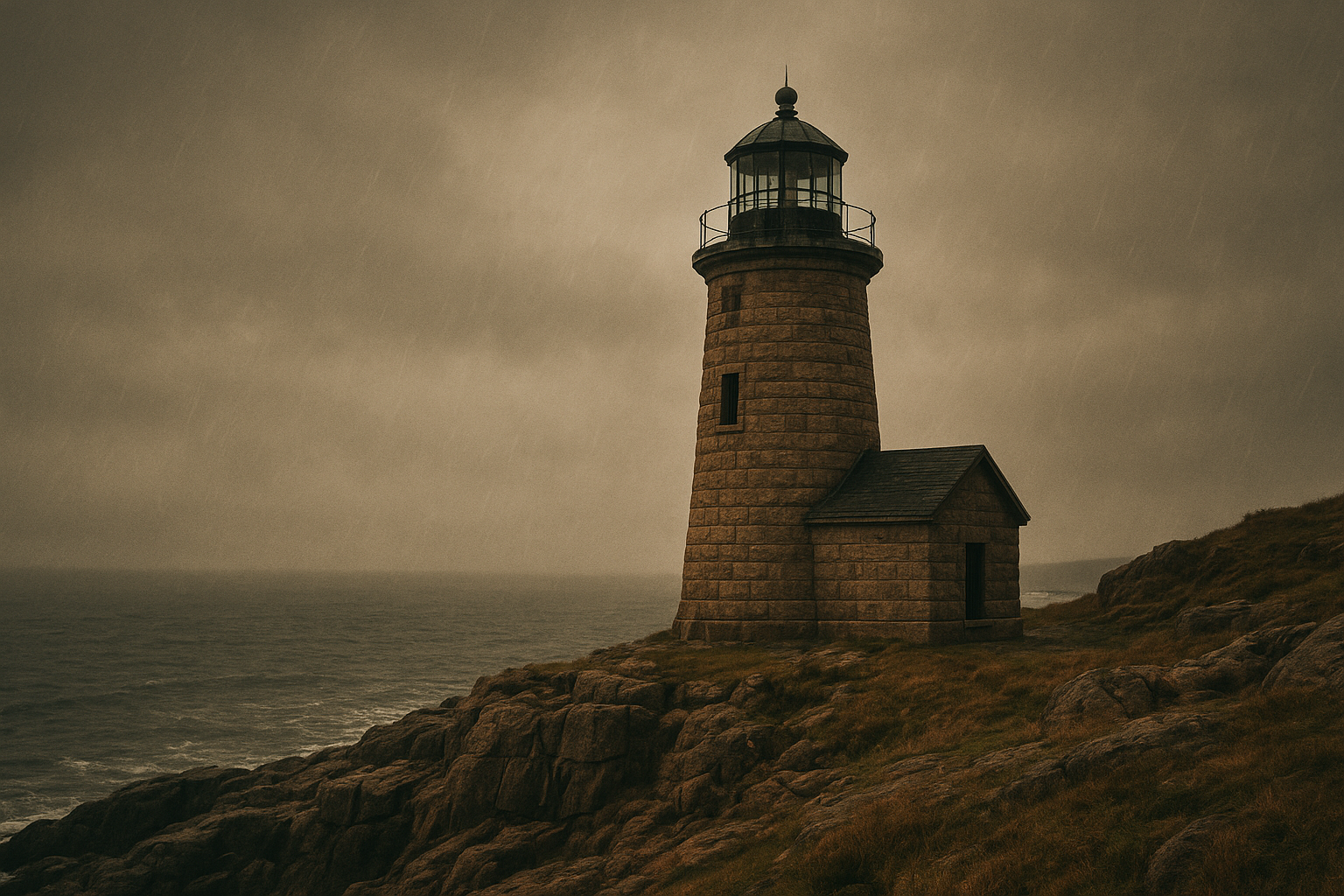 Granite lighthouse on a cliff in rain and sea mist at dusk
