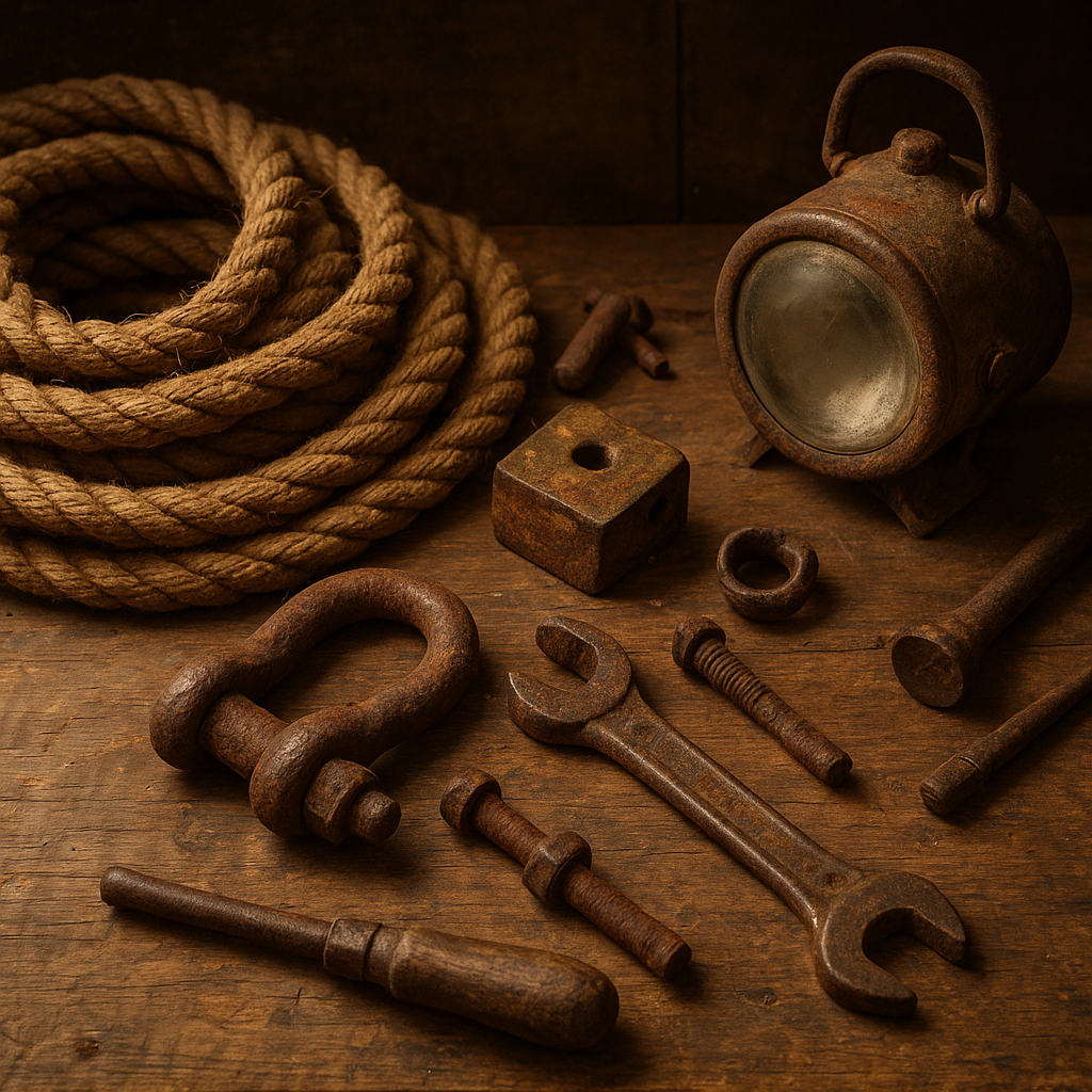 Weathered maritime signaling tools, coiled rope, and rusted fittings on a workbench