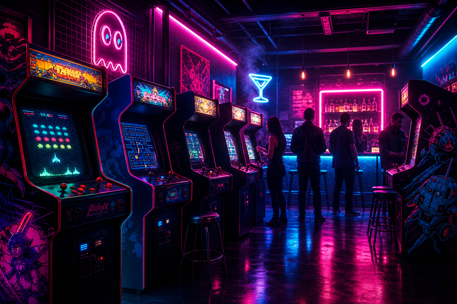 Neon-lit retro arcade bar interior with glowing cabinets, cyan and magenta lighting, and silhouetted guests