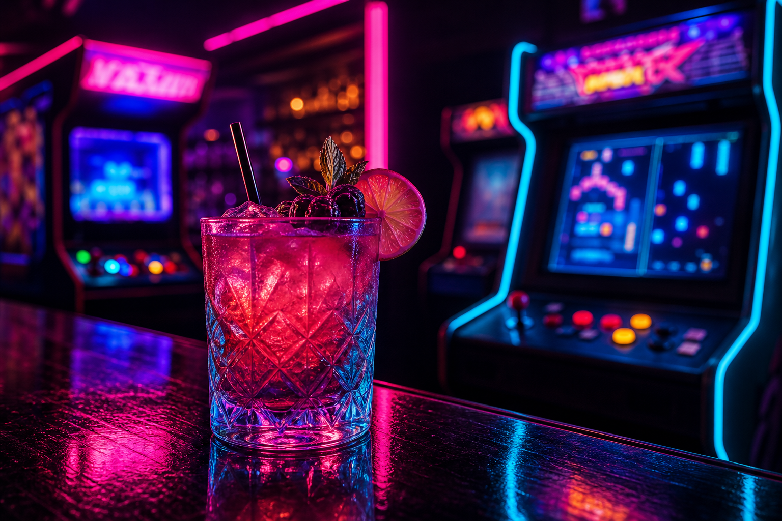 Neon-lit signature cocktail scene with glowing glassware and arcade lighting