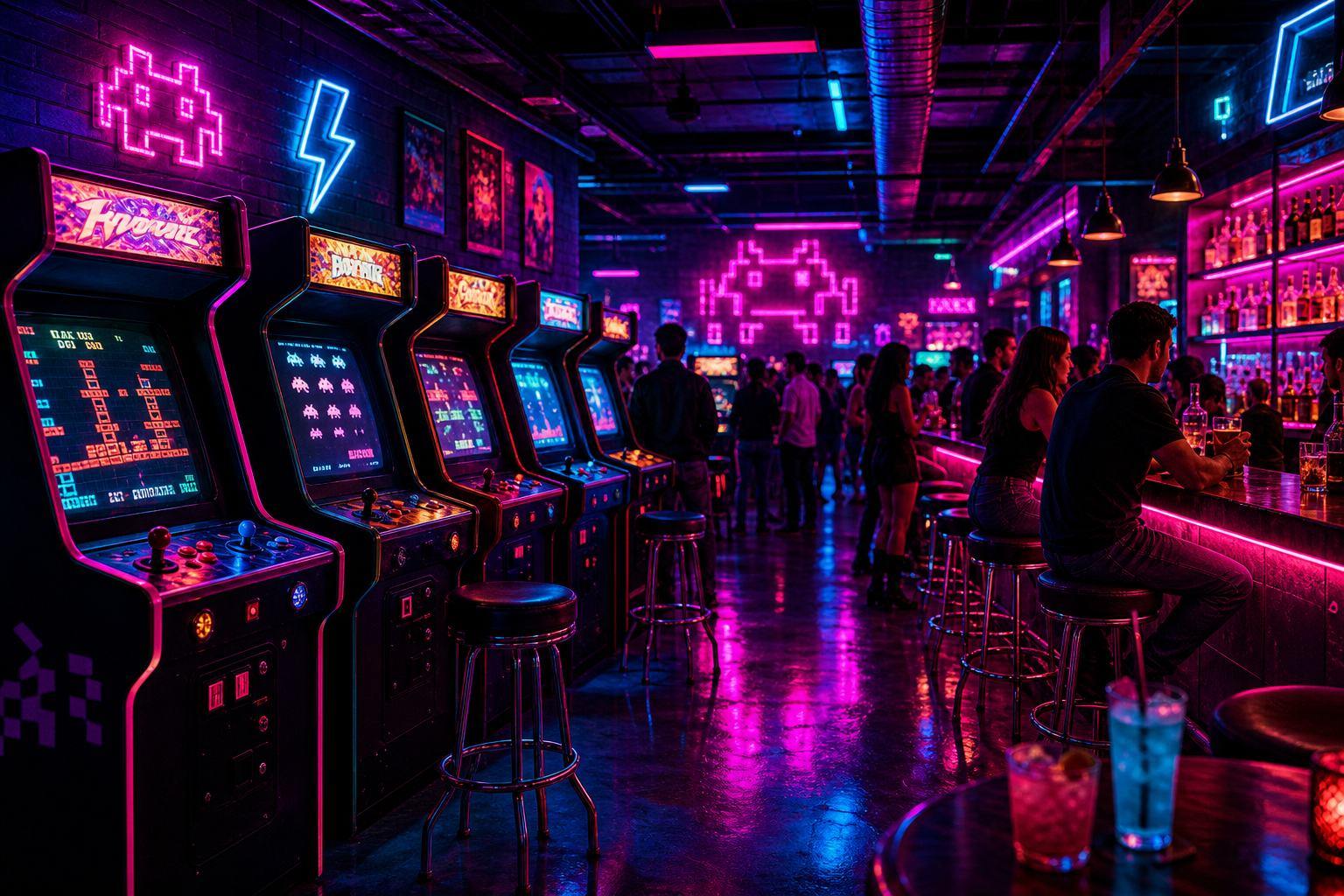 Neon arcade bar atmosphere with glowing cabinets and a lively crowd