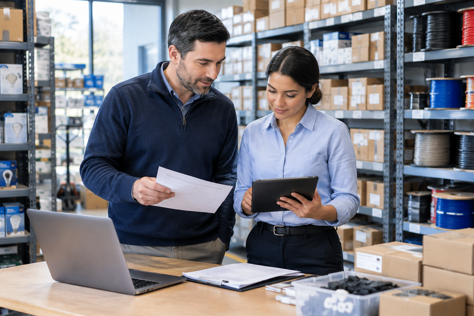 Procurement and warehouse team reviewing electrical and electronic goods orders in a clean distribution workspace