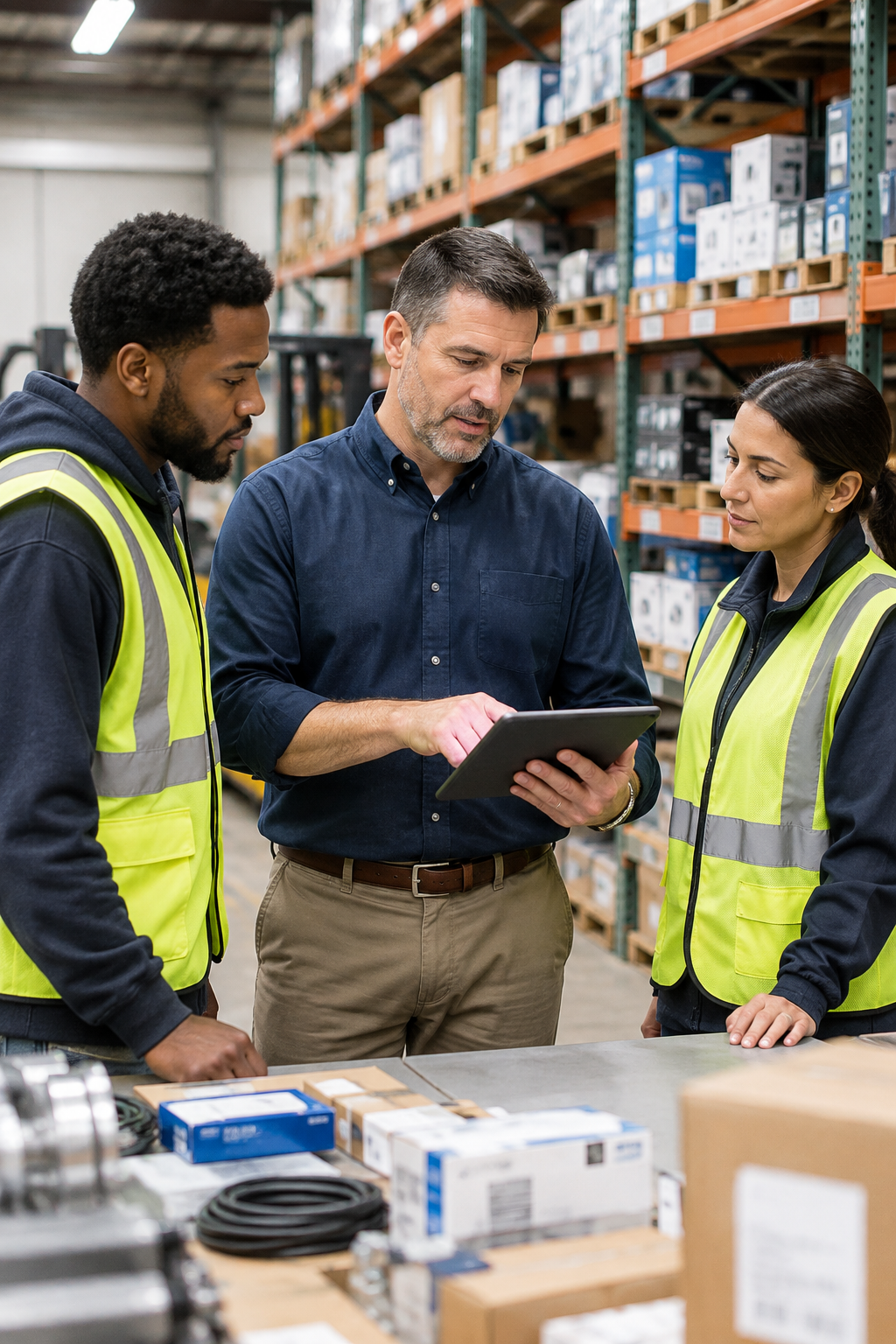 A procurement manager and warehouse staff reviewing electrical supply inventory in a professional distribution setting