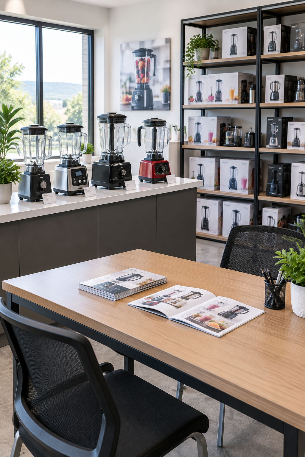 Clean blender sales support desk with product displays and consultation materials