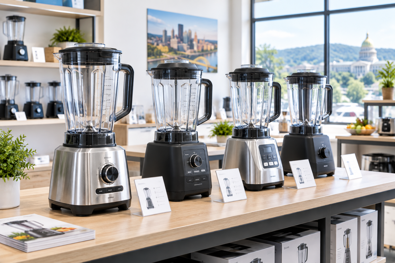Professional countertop blenders arranged on a clean retail display with stainless accents and bright daylight