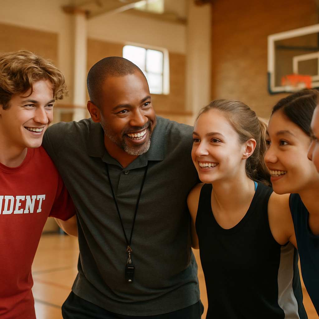 Student-athletes in mentorship huddle, smiling and listening to coach
