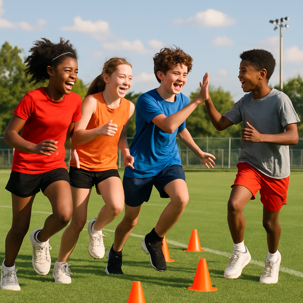 Young athletes training together on field, energetic and supportive