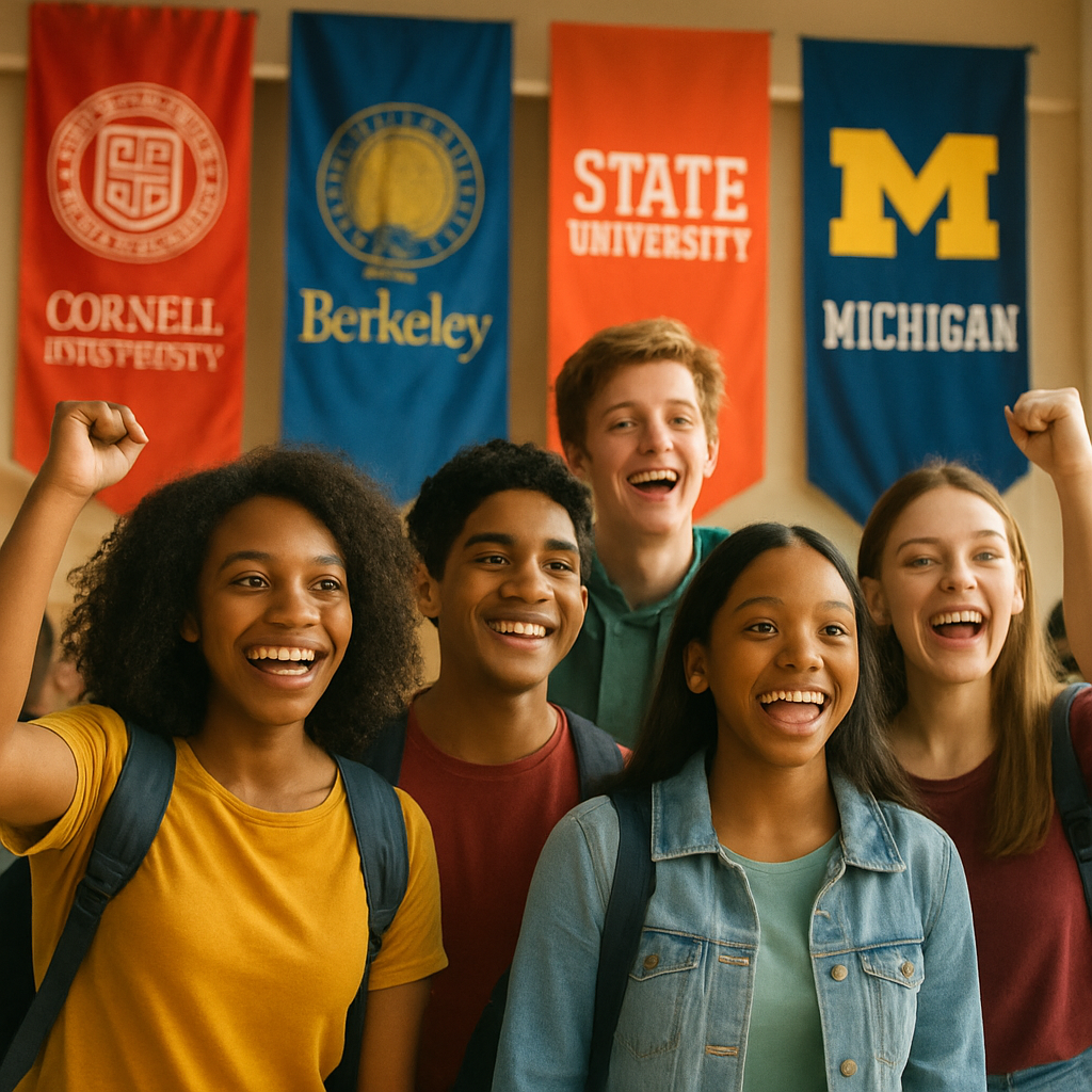 Group of diverse youth at college exposure event, excited and hopeful