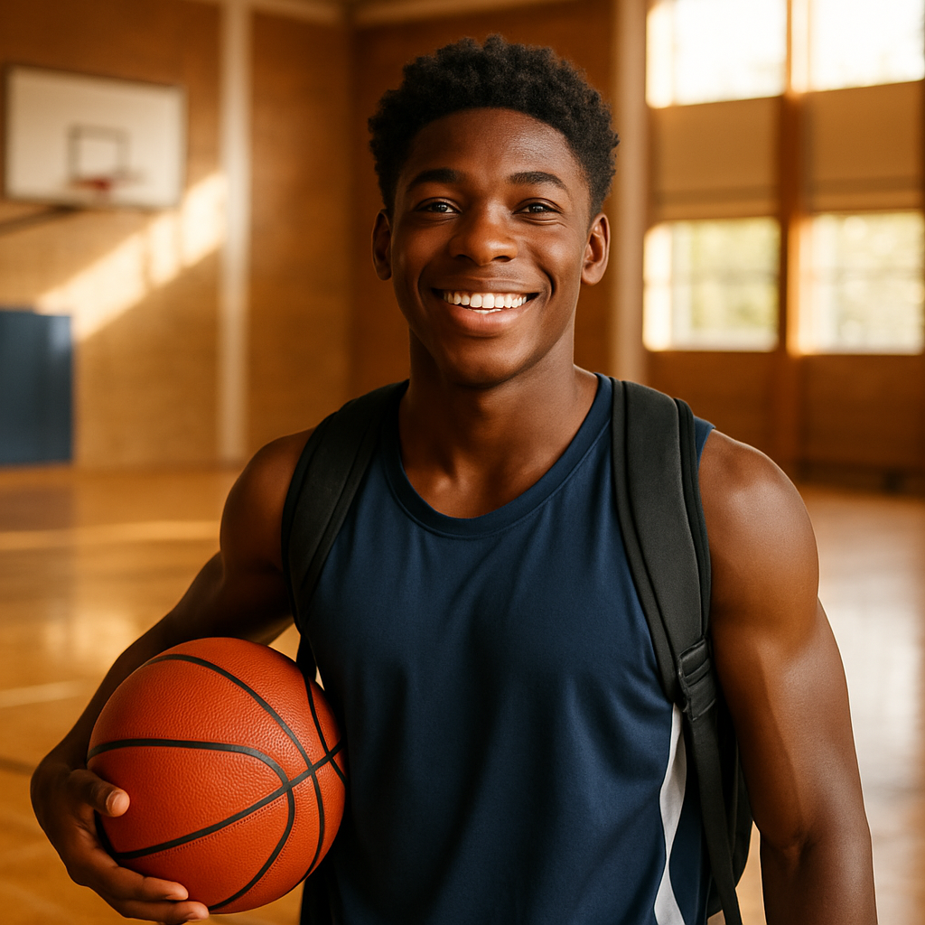 Smiling student-athlete holding a basketball at a gym, looking inspired
