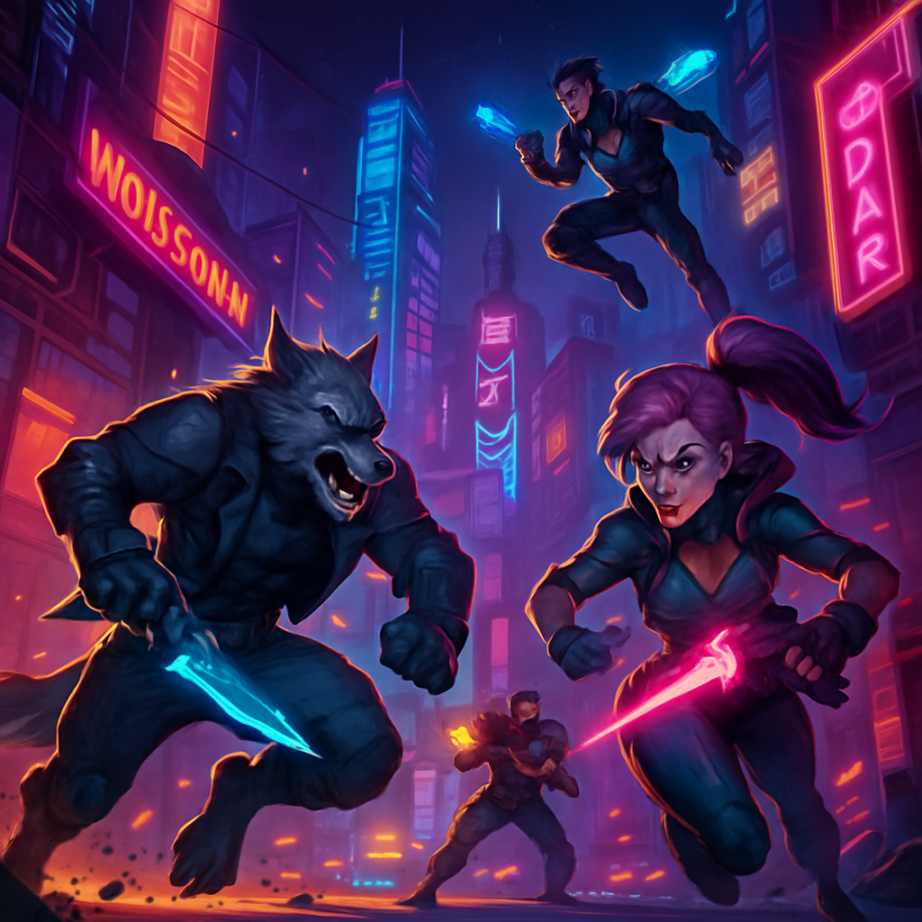 Futuristic game environment with neon-lit cityscape and dynamic characters