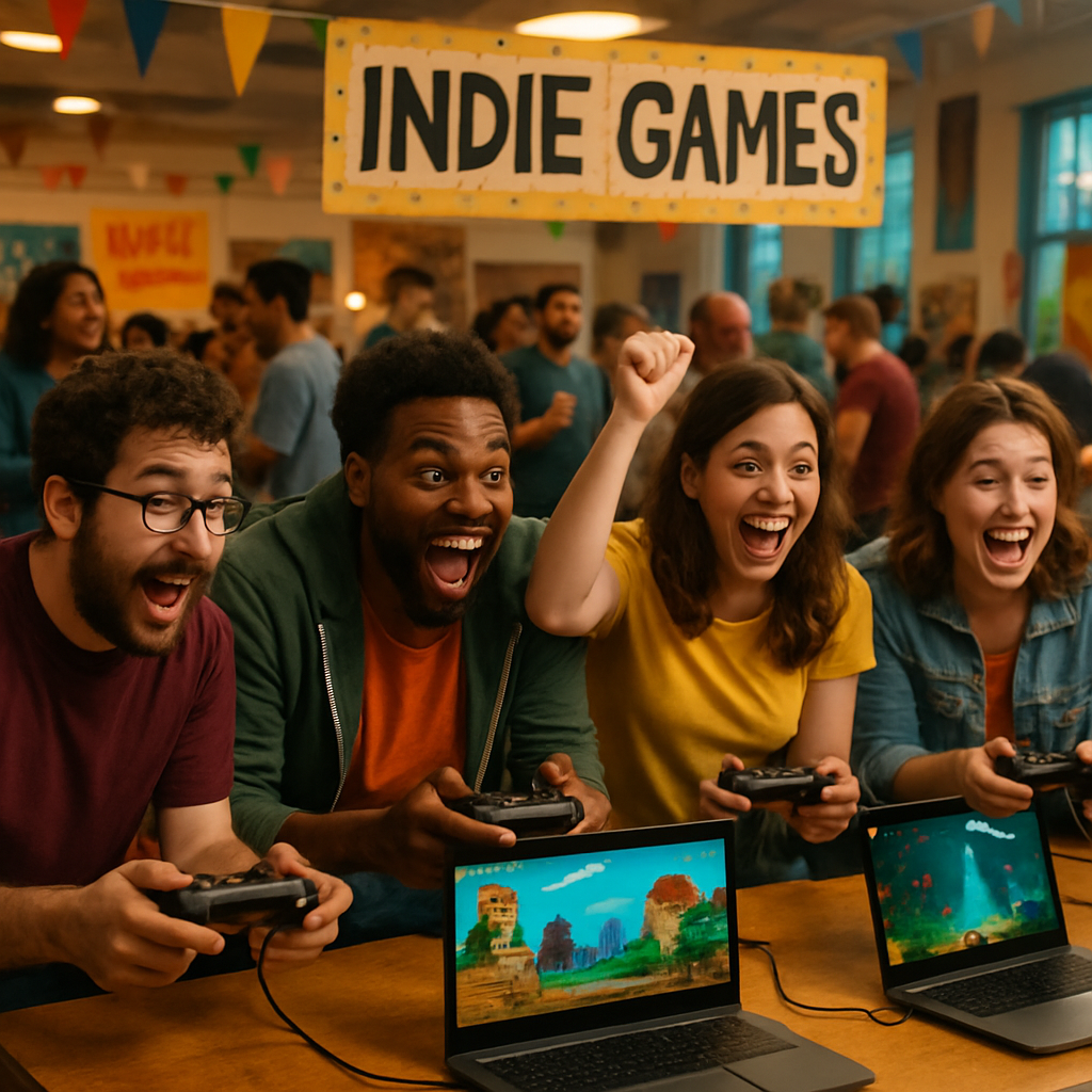 Excited gamers at a community event playing indie games