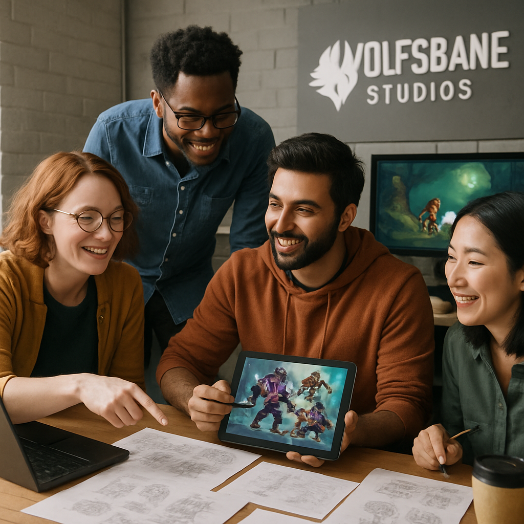 Diverse game developers collaborating in a creative workspace