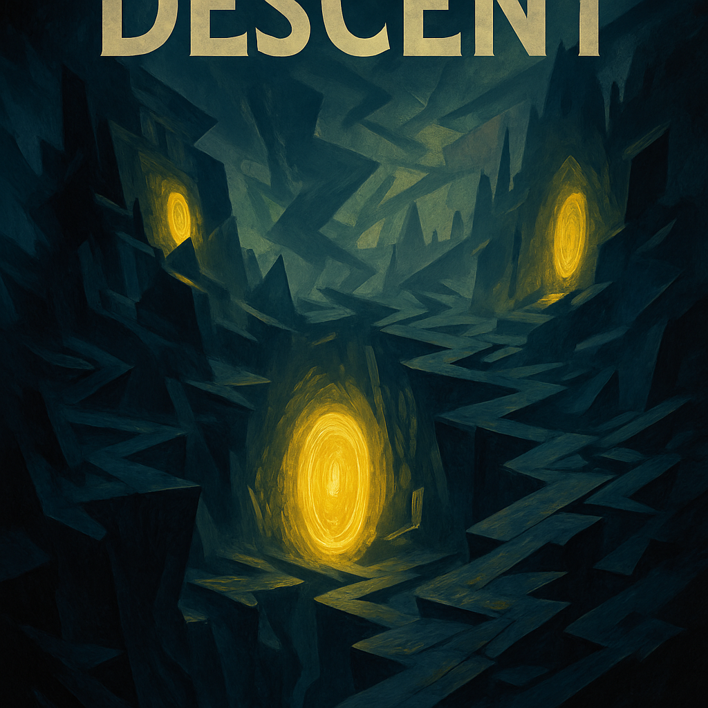 Fan art of Descent: shadowy chasms, glowing yellow portals, and shifting geometric landscapes
