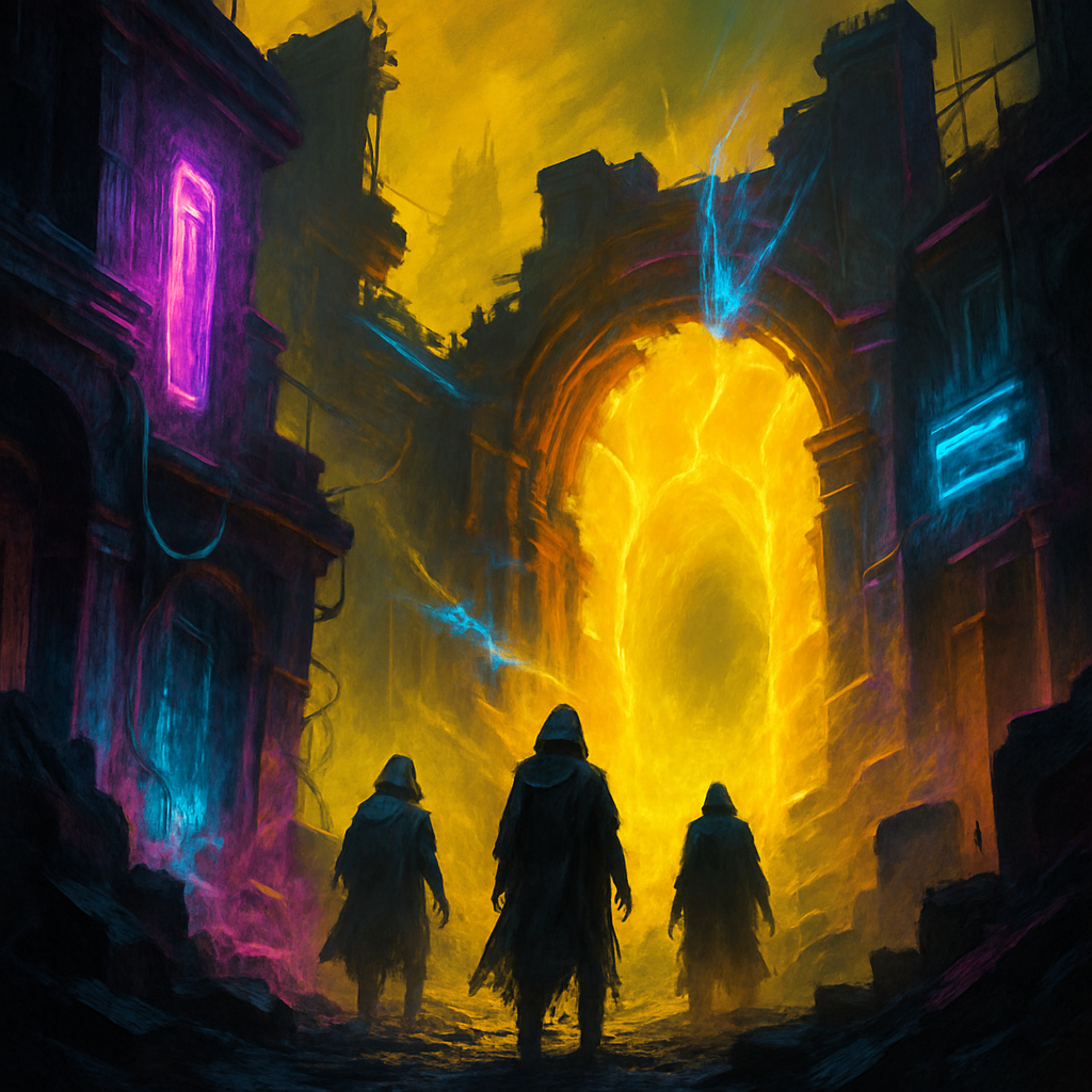Fan art of Descent: neon-lit ruins, surreal yellow haze, and mysterious figures at a portal