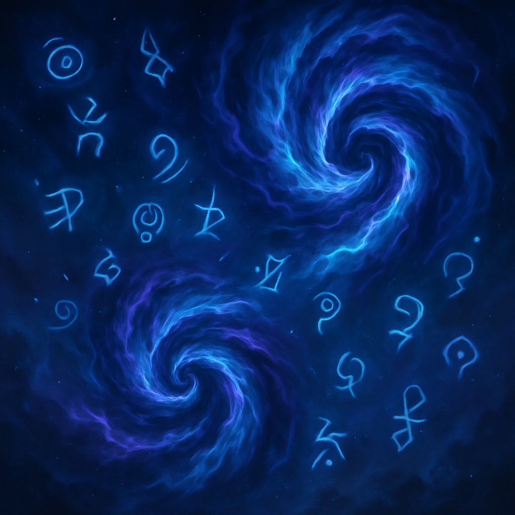 Fan art of the Enigma world: swirling cosmic rifts and mysterious glyphs in blue and violet hues