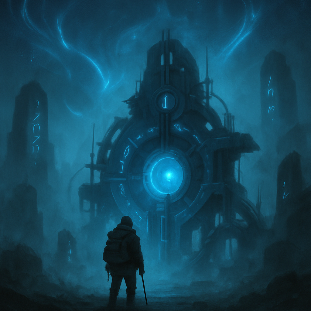 Fan art of Enigma: a lone explorer under a blue-glowing sky, arcane tech and runes in the mist