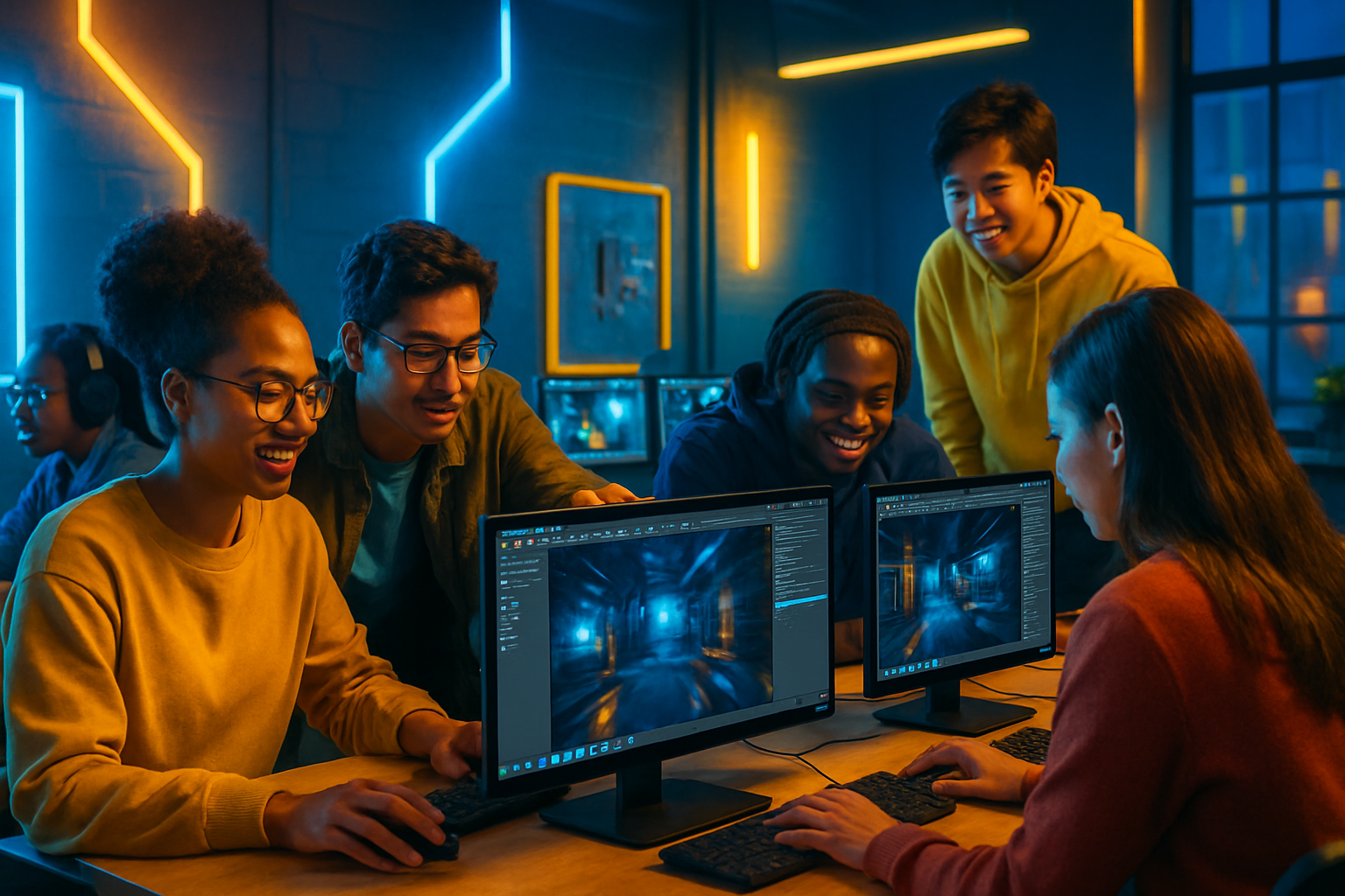 Unreal Engine course in action, students collaborating in a modern creative space with vibrant screens