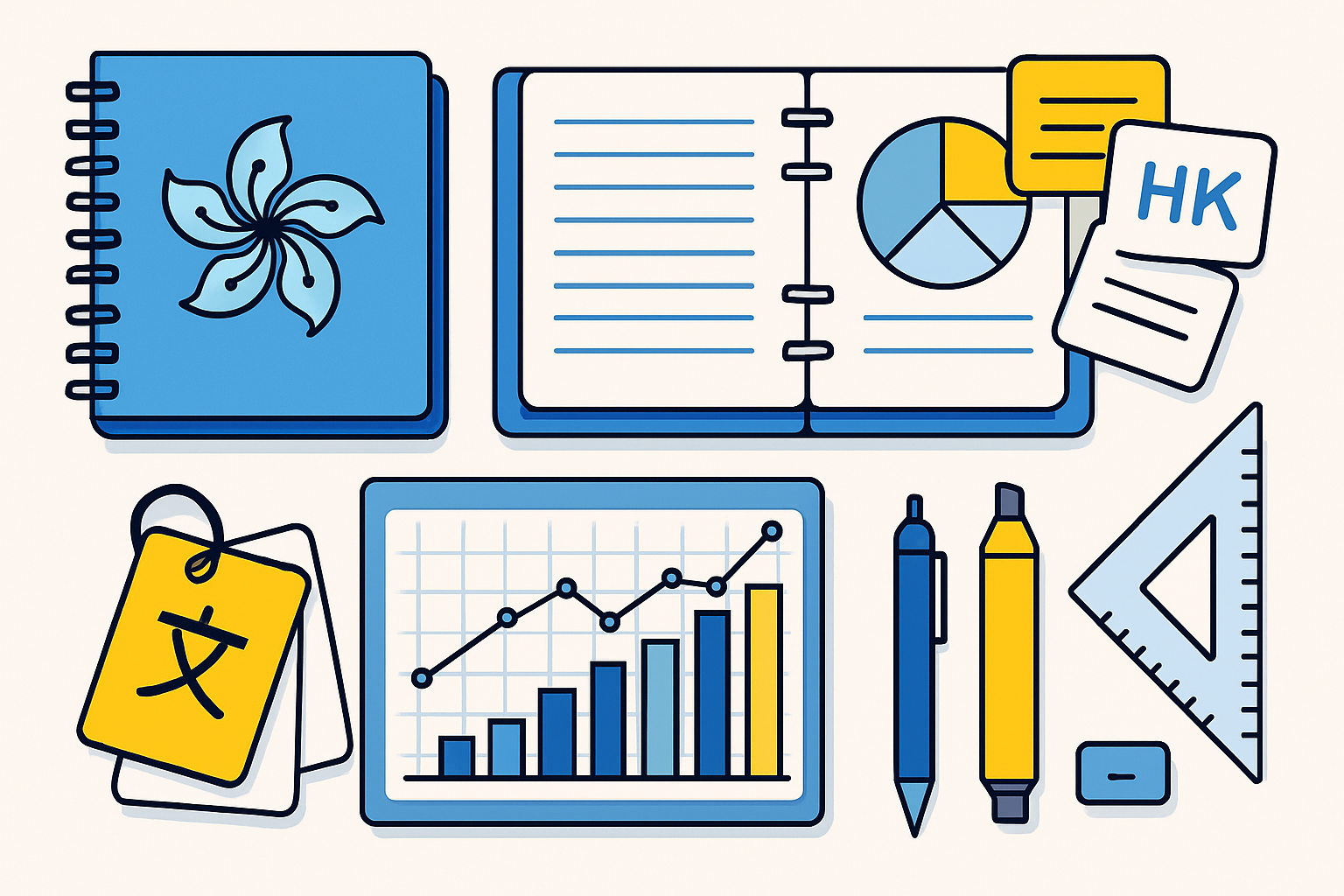 Abstract academic illustration with notebooks, charts, and study tools