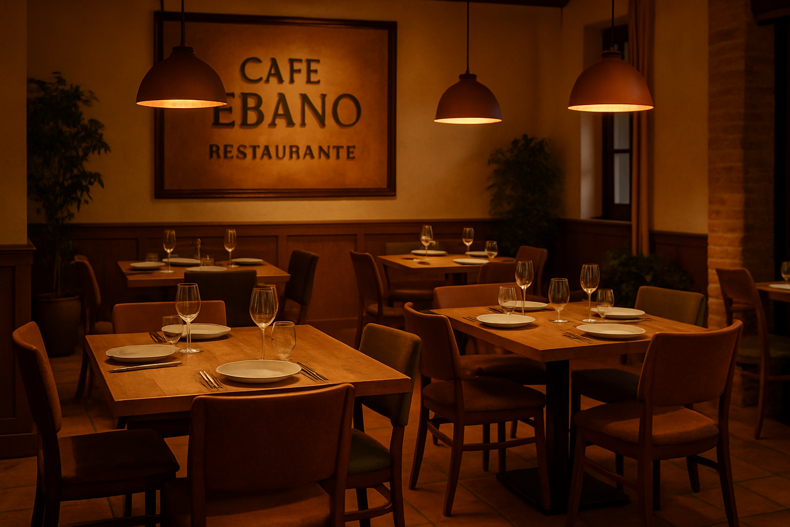 Cozy Spanish restaurant dining room with warm lighting, wooden tables, and soft seating