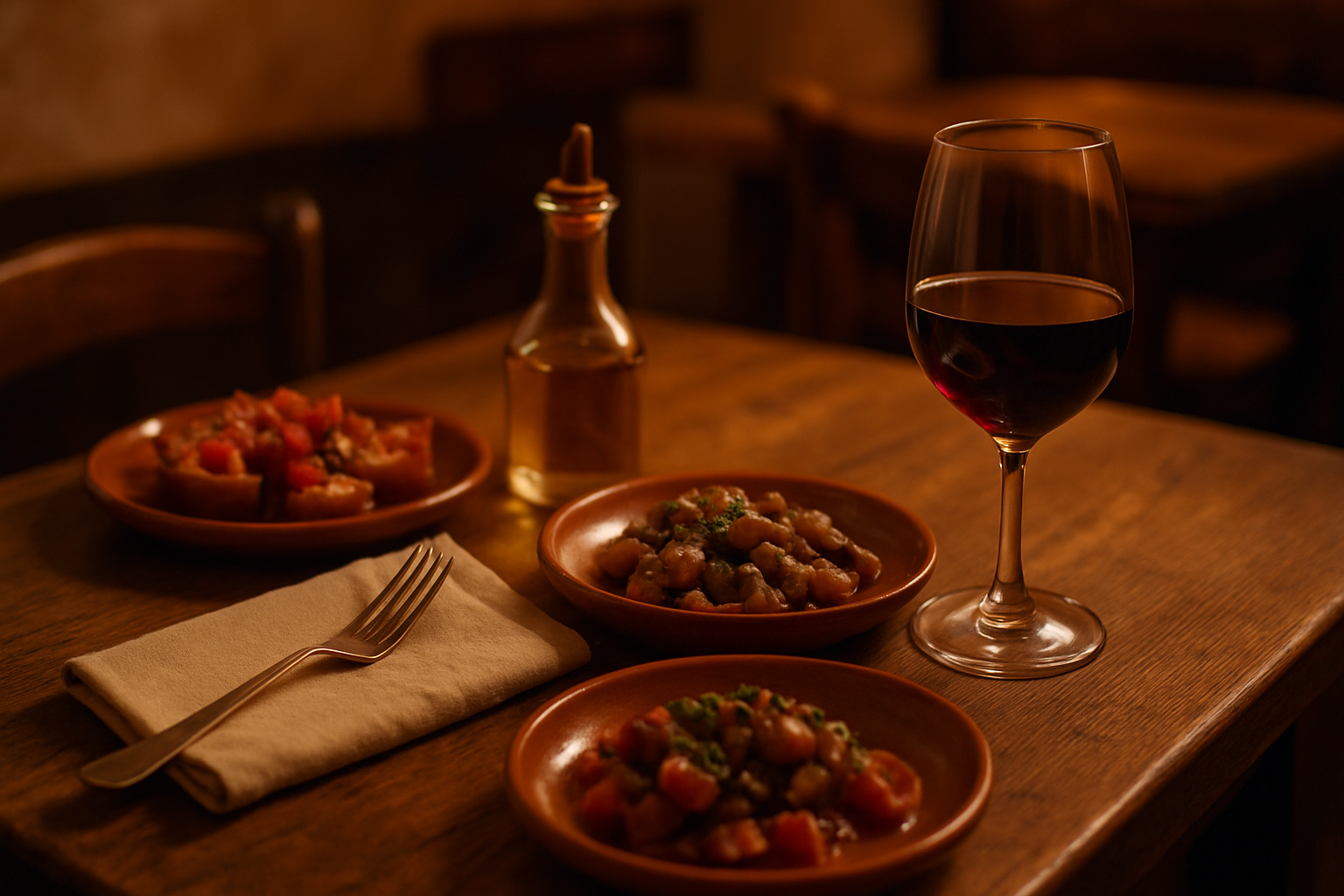Cozy Spanish restaurant table set with warm lighting, rustic ceramics, and seasonal dishes